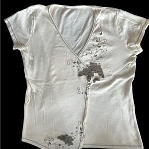 Embroidered White V-Neck Women's Top